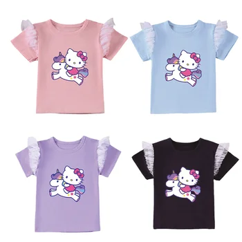 2023 Летняя Новая Детская футболка Hellokitty с короткими рукавами Kawaii Anime Mymelody Kuromi Cinnamoroll Хлопковый топ с мультяшным принтом