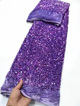 2023 Новая африканская бархатная кружевная ткань Высокого качества, швейцарская кружевная Вышивка, 3D фиолетовая сетка с блестками, 5 ярдов, сшитое вечернее платье YYZ32