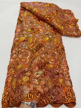 2023 Роскошная вышивка из африканской кружевной ткани с оранжевыми блестками, высококачественный нигерийский 3D цветок, французский тюль, кружевная ткань, свадебное платье