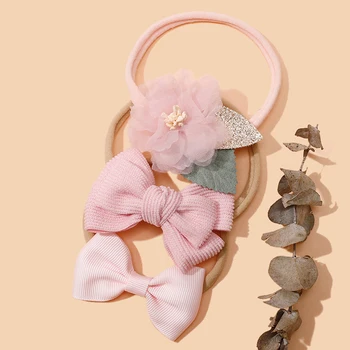 3 шт./лот, Детская повязка на голову с кружевным цветочным бантом, повязки для новорожденных девочек, Нейлоновая эластичная лента для волос, головной убор, Тюрбан для младенцев