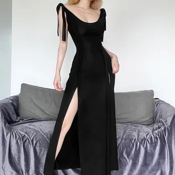 INS Европейский и американский стиль 2023, летнее новое женское платье на подтяжках с квадратным вырезом, с глубоким вырезом, с тонким разрезом, темпераментное платье