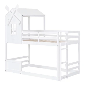 Белая двухъярусная кровать Twin over Twin с крышей и окном, с перилами и лестницей, легко монтируется для внутренней мебели для спальни