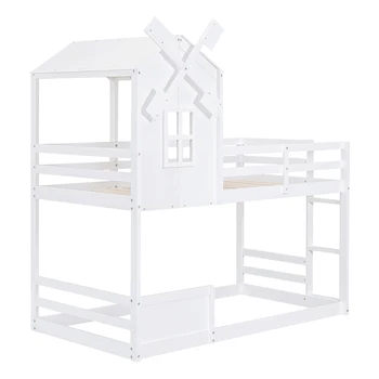 Белая двухъярусная кровать Twin over Twin с крышей и окном, с перилами и лестницей, легко монтируется для внутренней мебели для спальни