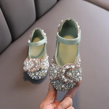 Весенне-осенняя повседневная обувь для девочек с бриллиантовым бантом и узлом на мягкой подошве, детская кожаная обувь на плоской подошве для принцессы