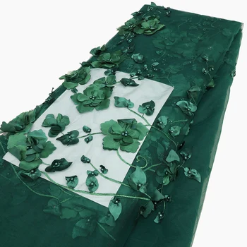 Высококачественная Зеленая Нигерийская Кружевная Ткань С 3D Цветочными Бусинами 5 Ярдов Африканский Французский Тюль Чистая Кружевная Ткань Для Вечернего Платья P356
