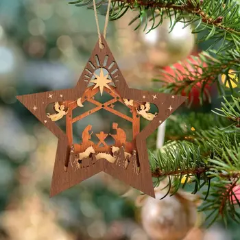 Деревянные украшения для рождественской елки, рождественская сцена, дизайн пятиконечной звезды, подвеска для рождественской елки, религиозное ремесло