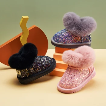 Детские плюшевые и толстые зимние ботинки для девочек, хлопковая прогулочная обувь для мальчиков, кожаные и меховые интегрированные зимние ботинки, зимние
