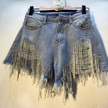 Женские Сексуальные джинсовые шорты, рваные джинсы с кисточками, украшенные стразами, Цепочка с бриллиантами, Короткие брюки, подходящие наряды для ночного клуба