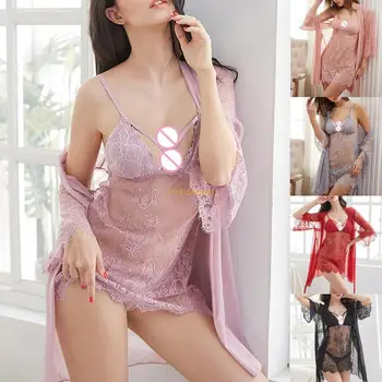 Женское кружевное нижнее белье с V-образным вырезом, пижамное платье, пижамы, сексуальные кружевные комплекты халатов, прямая доставка