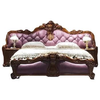 * Импортированная кровать из массива дерева Ugyen с резьбой в виде слона, Главная спальня виллы в Европейском стиле, Кожаная Двуспальная кровать