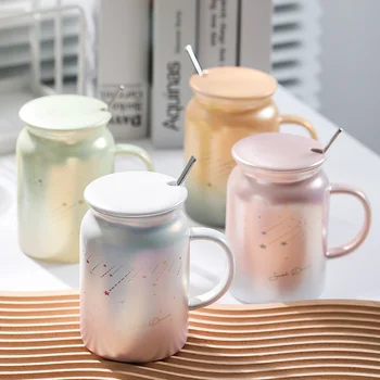Керамическая чашка с перламутровой глазурью, покрытая кристаллами, чашка для молока постепенной смены, пара красочных чашек, подарочная чашка для завтрака с крышкой