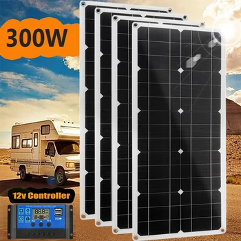 Комплект солнечных панелей мощностью 300 Вт, гибкая солнечная батарея 18 В с контроллером 60 А для зарядного устройства на 12 В, блок питания для телефона, кемпинга, пешего туризма