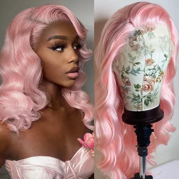 Короткие волнистые розовые парики-бобы с кружевом спереди для женщин, цветной парик, бесклеевой синтетический парик 180 плотности, повседневная одежда для косплея