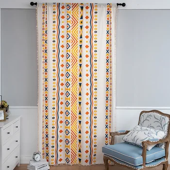 Красочная геометрическая хлопчатобумажная льняная занавеска с кисточками, полузатеняющая для спальни, украшения гостиной, оконных штор cortina