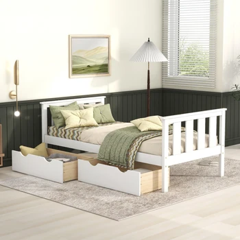 Кровать-платформа Twin Size, деревянный каркас кровати с ящиками для хранения, для мебели для спальни, белый