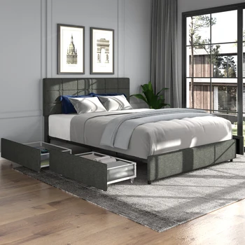 Кровать с льняной Обивкой, Кровать-платформа размера 