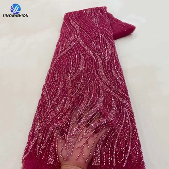 Кружевная ткань Sinya с африканскими блестками и бусинами 2023 года, высококачественная розовая фуксия, французская вышивка бисером, роскошное свадебное кружево для женщин