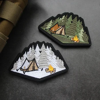 Многоугольная нашивка с вышивкой на открытом воздухе, палатка для зимнего лагеря, костер, джунгли, тактический значок, наклейка 