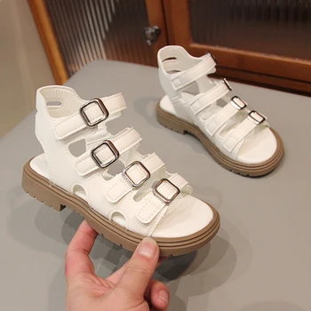 Модные детские Сандалии для девочек 2023, Новая простая универсальная обувь для мальчиков с открытым носком и пряжкой, нескользящие крючки и петли, Милая детская обувь, Мягкая