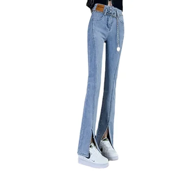Модные джинсы, женские весенние новые джинсовые брюки с высокой талией и широкими штанинами
