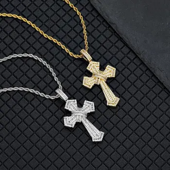 Модные Ювелирные Изделия Покрытый Льдом Кулон с Крестом Bling CZ Stone Золотое Посеребренное Ожерелье с Крестом Иисуса