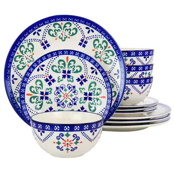 Набор посуды California Designs Tierra Star из 12 предметов, расписанных вручную в синем цвете