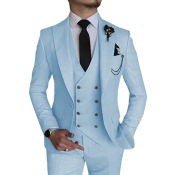Новейшие небесно-голубые свадебные мужские костюмы, смокинги жениха с отворотом Homme, блейзер для выпускного вечера, блейзер для выпускного вечера, 3 предмета в деловом стиле Terno Masculino