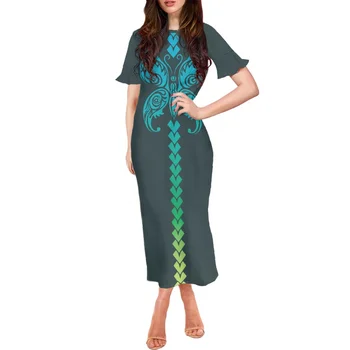 Новое поступление, Женское Элегантное платье высокого качества, Плюс Размер, сексуальное платье с коротким рукавом и оборками, Женское платье с полинезийским племенным принтом для девочек