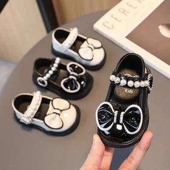 Обувь для маленьких девочек Princess Butterfly-knot Leather Hook & Loop First Walkers, Повседневные универсальные туфли с жемчугом, Элегантная обувь корейской версии