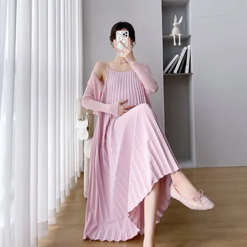 Пальто Длинное платье Комплект из 2 предметов с круглым вырезом, плиссированная юбка на подтяжках, одежда для беременных женщин