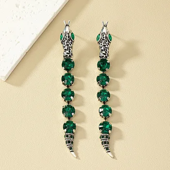 Ретро Модные серьги в виде зодиакальной змеи, женские украшения, винтажные длинные серьги с кисточками, зеленый кристалл, Темпераментные серьги в стиле панк, подарки