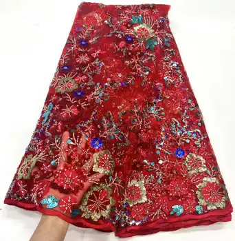 Роскошная Нигерийская кружевная ткань ручной работы из бисера 2023, Высококачественная красная вышивка бисером, Африканское платье из французской ткани