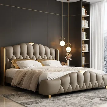 Современная кровать Может быть изготовлена по индивидуальному заказу Мебель для спальни Мягкая Водонепроницаемая Двуспальная Деревянная кровать с изголовьем Кровать с местом для хранения