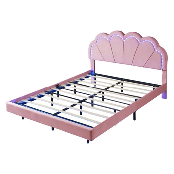 Современные спальные гарнитуры из 2 предметов, кровать на платформе со светодиодной подсветкой размера Queen Size с бархатной оттоманкой для хранения, розовые спальные гарнитуры для комфортного использования