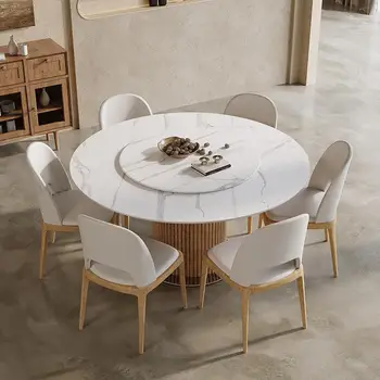 Современный обеденный стол с поворотным столом на 360 ° Кухонная мебель из каменной плиты толщиной 12 мм и доски из цельного дерева толщиной 18 мм Устойчивый Круглый стол