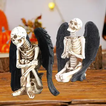 Статуэтки черепа в виде крыла Ангела, Фигурки Черепа, домашний декор на Хэллоуин, украшения из смолы, Скелет на Хэллоуин, Черный Череп в виде крыла Ангела