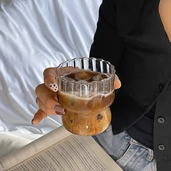 Стеклянная чашка в полоску, Прозрачные кружки для чая с молоком, кофе Мокко, воды, сока, пивных стаканов с соломой, стаканов для виски для вечеринки в баре, чашек для напитков