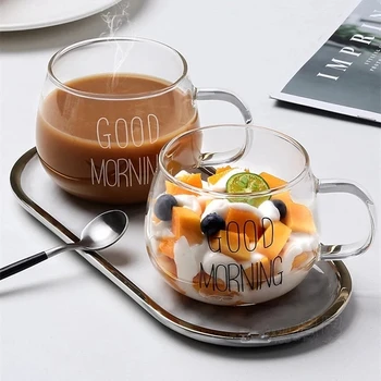 Чашка из прозрачного стекла с надписью Креативный кофе Чай Напитки Десерт Завтрак Чашка для молока Стеклянные кружки с ручкой Посуда для напитков Подарки для пары