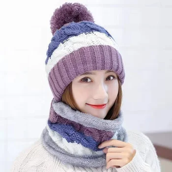 Шапка Женская зимняя вязаная шерстяная шапка с защитой ушей, утолщенный Корейский комплект из двух предметов, зимняя велосипедная плюшевая повседневная шапка